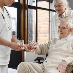 Husband and wife in nursing home with nurse